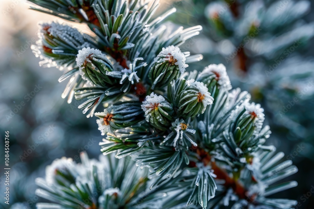 A bud and needles on a branch of a blue spruce in a frosty frost close-up. Winter day before Christmas - generative ai A bud and needles on a branch of a blue spruce in a frosty frost close-up. Winter day before Christmas - generative ai