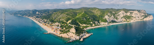 Italian summer sea landscape, Finale Ligure, Savona, Malpasso Beach, beautiful crystal clear Italian coast drone view photo