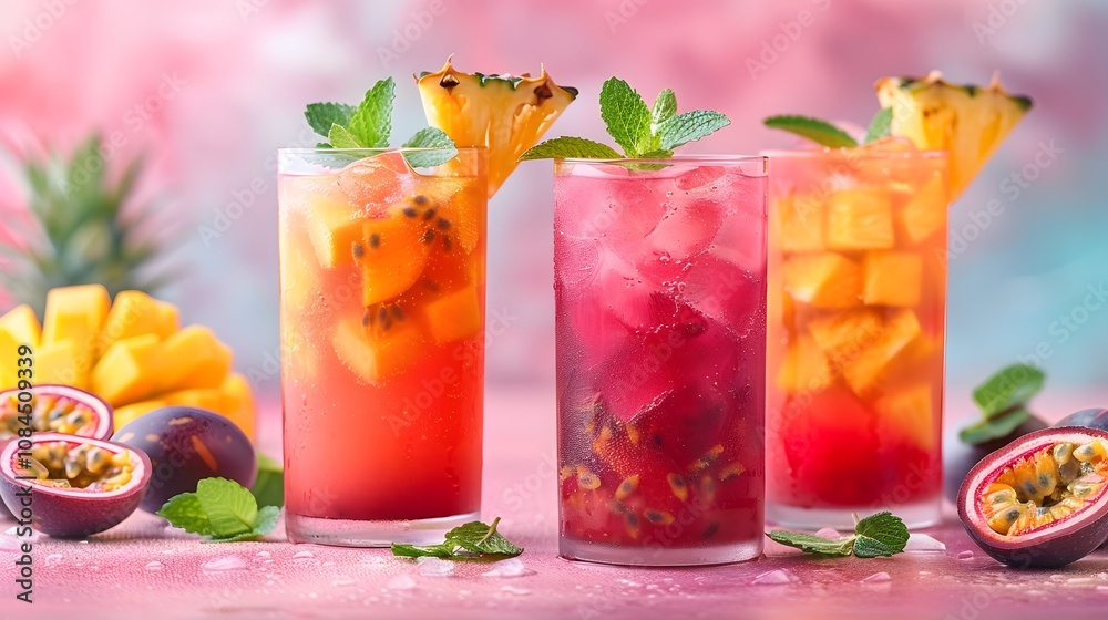 Three tropical fruit cocktails with pineapple, passionfruit, and dragonfruit garnishes on a pink background. Studio photography of vibrant summer drinks Three tropical fruit cocktails with pineapple, passionfruit, and dragonfruit garnishes on a pink background. Studio photography of vibrant summer drinks