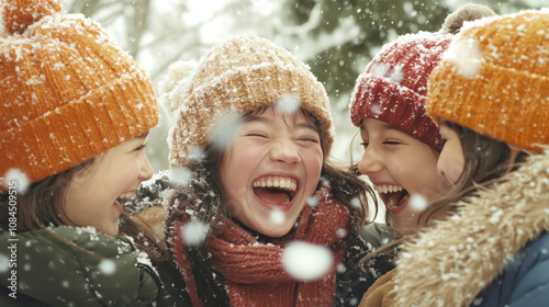 Four girls children enjoying winter day outdoors. joy, laughter, and pure happiness, warmly in cozy winter clothing. Snow is falling. festive moment of true friendship and delight in the snow.