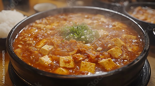 Steaming bowl of Kimchi jjigae with tofu, rice, and green onions.