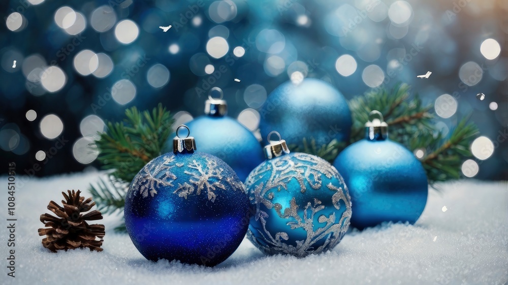 Light Christmas background blurred, sparkling. Spruce branches and blue Christmas balls in snow on bokeh background. Copy space. Greeting card, happy new year and merry Christmas - generative ai Light Christmas background blurred, sparkling. Spruce branches and blue Christmas balls in snow on bokeh background. Copy space. Greeting card, happy new year and merry Christmas - generative ai