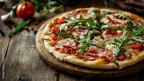 Delicious prosciutto and arugula pizza on wooden table.