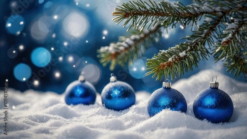 Light Christmas background blurred, sparkling. Spruce branches and blue Christmas balls in snow on bokeh background. Copy space. Greeting card, happy new year and merry Christmas - generative ai