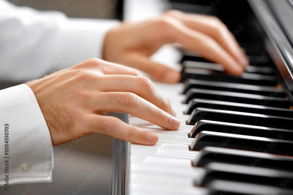 Close-up of hands playing piano keys, showcasing musical talent. Close-up of hands playing piano keys, showcasing musical talent.