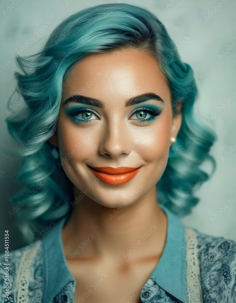 Portrait of beautiful woman with blue hair and makeup in blue and pink tones with happy look and smile Portrait of beautiful woman with blue hair and makeup in blue and pink tones with happy look and smile