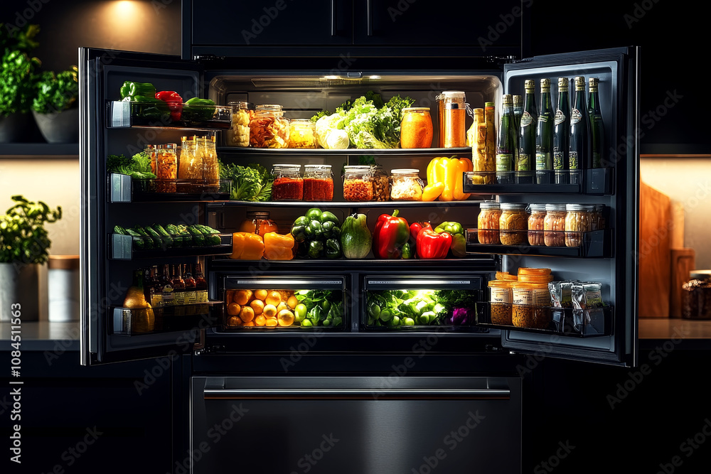 Modern Smart Fridge with Digital Display Featuring Organized Fresh Produce and Sleek Kitchen Design Modern Smart Fridge with Digital Display Featuring Organized Fresh Produce and Sleek Kitchen Design