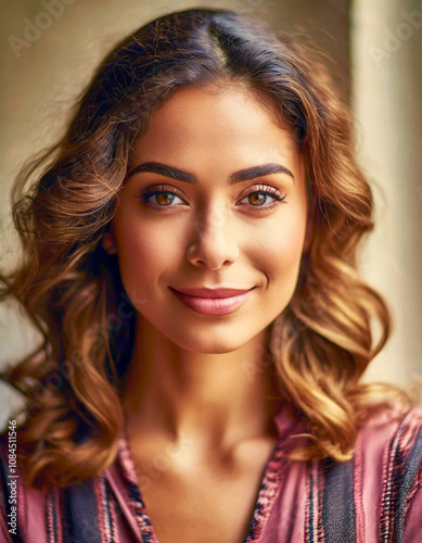 retrato de mujer muy atractiva con ojos bonitos y cabello largo vestida de manera informal photo