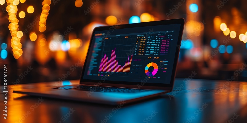 A Laptop Displaying Colorful Data Visualizations Sits on a Wooden Table While Warm Lights Illuminate the Background in an Evening Outdoor Setting A Laptop Displaying Colorful Data Visualizations Sits on a Wooden Table While Warm Lights Illuminate the Background in an Evening Outdoor Setting