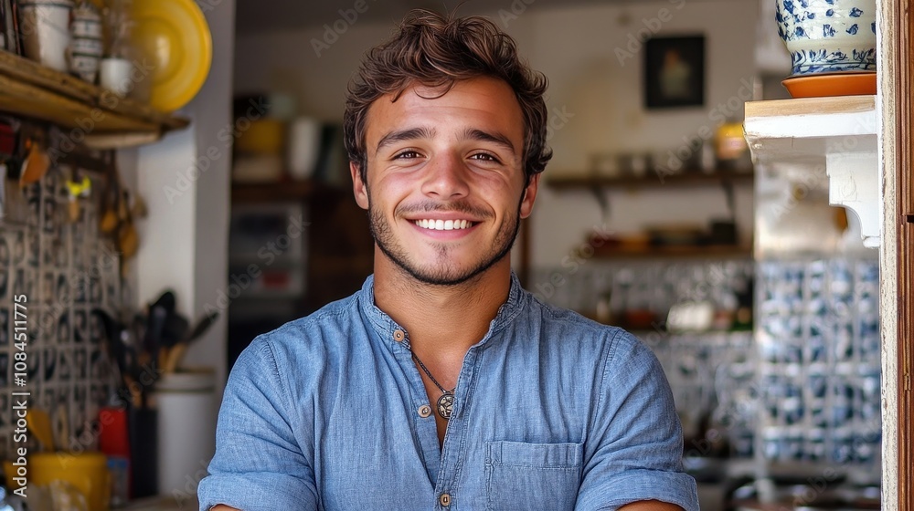 A young man stands in a charming kitchen, exuding a warm smile. The background features a mix of cooking utensils and colorful decor, creating an inviting space full of character A young man stands in a charming kitchen, exuding a warm smile. The background features a mix of cooking utensils and colorful decor, creating an inviting space full of character