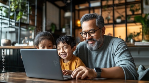 Wallpaper Mural A middle-aged man with gray beard and glasses using a laptop with two young children in a cozy indoor setting surrounded by plants and warm lighting. Torontodigital.ca