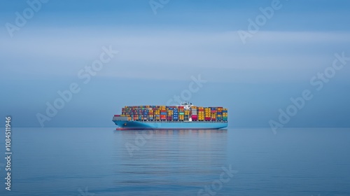 Aerial view of container cargo ship navigating through open sea, part of global logistics and trade.Shipping goods worldwide from international ports, fueling commerce and transportation. photo