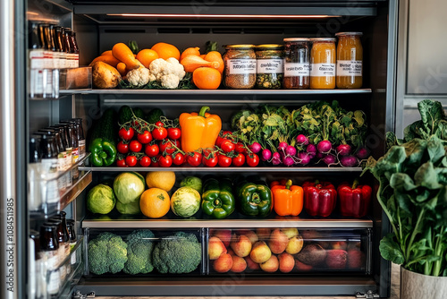 Modern Smart Fridge with Digital Display Featuring Organized Fresh Produce and Sleek Kitchen Design