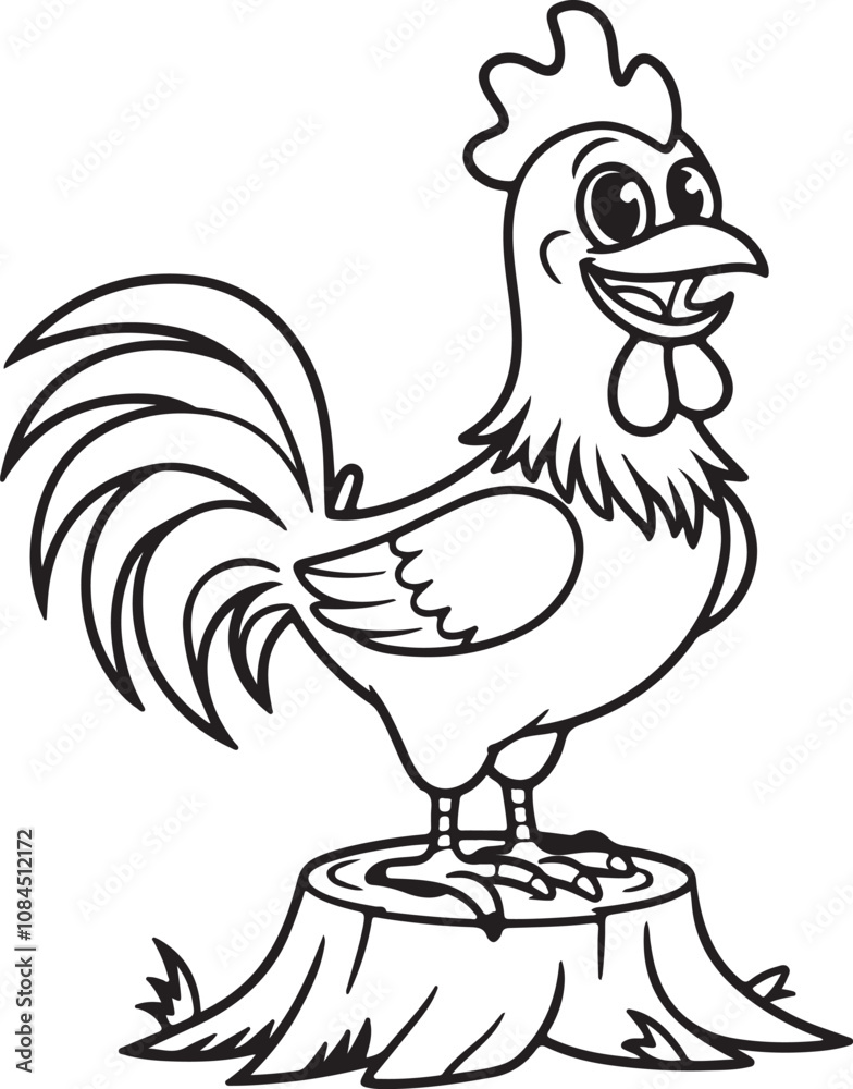 Fototapeta premium Black and White Vector Illustration of a Happy Rooster - Cheerful Rooster Design