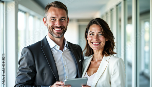 Business professionals confidently smile in a modern office corridor, illustrating teamwork and corporate success. The image reflects positivity, collaboration, and professional engagement in a contem photo