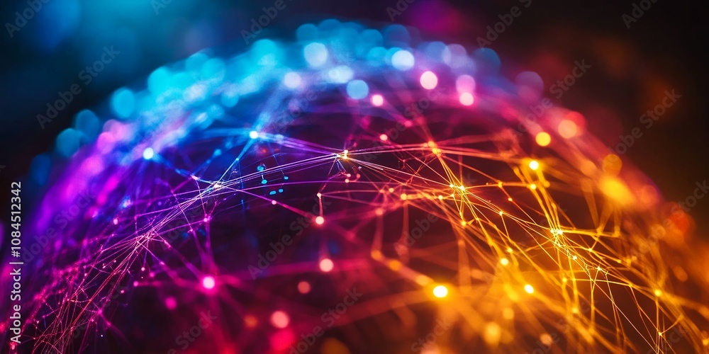 Obraz premium Colorful Abstract Representation of Interconnected Nodes Forming a Global Network With Vibrant Lights and Patterns, Showcasing Digital Technology and Innovation in a Modern Context