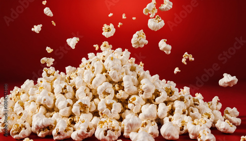 Delicious popcorn falling on red background  photo