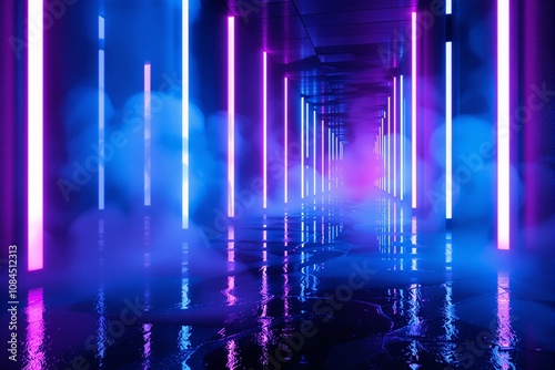 Futuristic Neon Tunnel with Colorful Lights and Mist photo