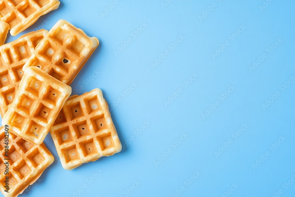A collection of waffles on a blue background, ready to be served. A collection of waffles on a blue background, ready to be served.