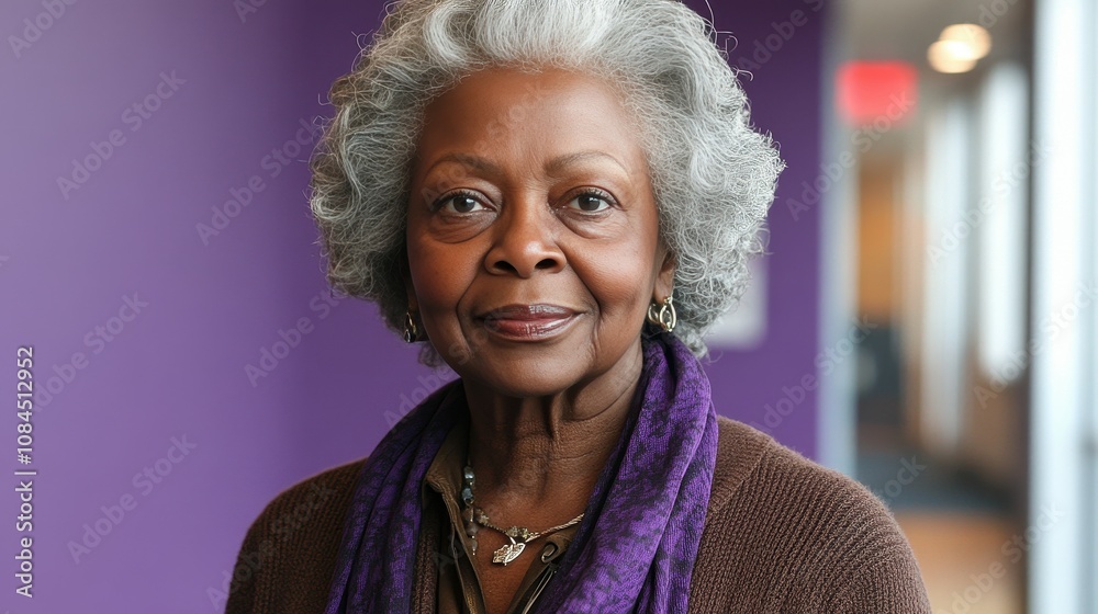 A poised older woman stands against a vibrant purple wall, showcasing her silver curls and warm expression. She wears a cozy sweater and a stylish scarf, embodying grace A poised older woman stands against a vibrant purple wall, showcasing her silver curls and warm expression. She wears a cozy sweater and a stylish scarf, embodying grace