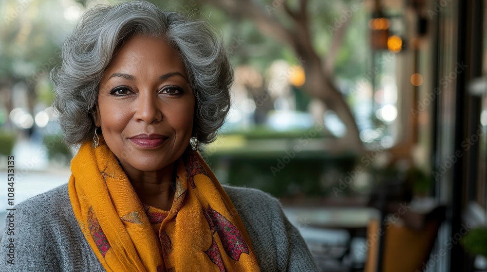 A woman with elegant gray hair and a bright yellow scarf stands outside a bustling cafe, smiling with confidence as people walk by. The vibrant atmosphere captures the essence of community
