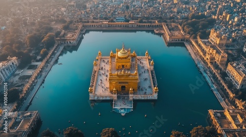 Aerial view of a golden temple (harmandir sahib in amritsar city) surrounded by a blue water pond with cityscape in the background.