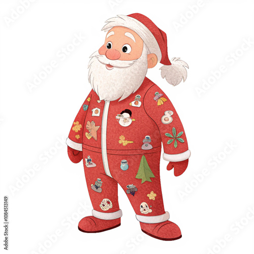 Santa Claus in cozy red pajamas decorated with holiday symbols is a whimsical and playful illustration perfect for holiday-themed projects, greeting cards and children's drawings.PNG