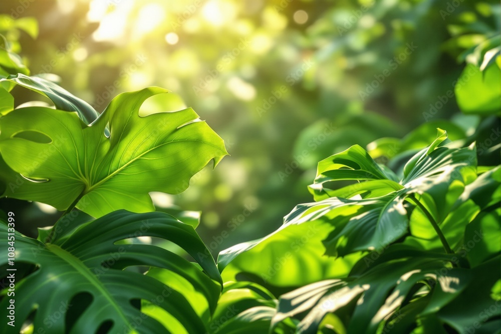 Obraz premium Lush Tropical Greenery with Backlighting: Vibrant Monstera Leaves in Sunlight