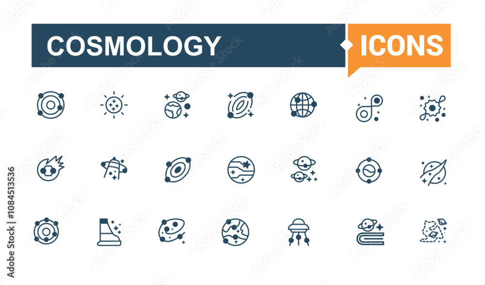 Cosmology icons set in line style. Contains such icons as exploration, satellite, system, telescope, comet, universe, meteor, star. Modern thin icons. Solid line editable vector illustration. Cosmology icons set in line style. Contains such icons as exploration, satellite, system, telescope, comet, universe, meteor, star. Modern thin icons. Solid line editable vector illustration.