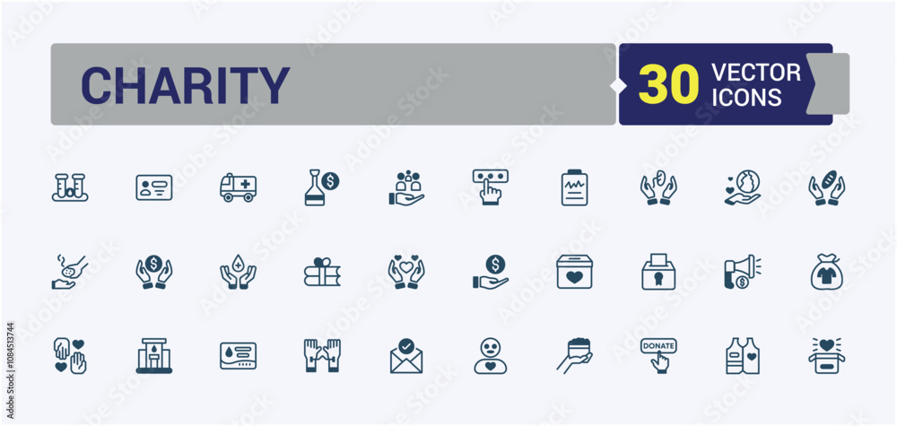Fototapeta premium Charity line icon collections. Featuring protection, money, humanitarian, community, shake, stroke and more. Thin outline icons pack. Solid line editable vector illustration.