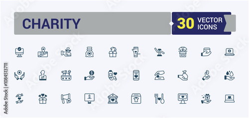 Charity line icon collections. Featuring protection, money, humanitarian, community, shake, stroke and more. Thin outline icons pack. Solid line editable vector illustration.