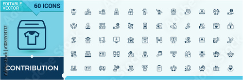Contribution icons in linear style. Featuring donation, charity, trust, community, handshake, human, protect and more. Modern thin icons. Vector illustration in modern line style.