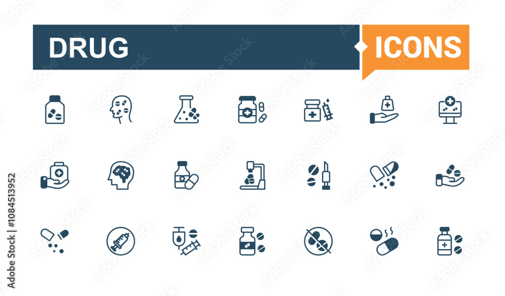 Drug icons in linear and solid style. Containing medication, spray, research, capsule, health, capsule, and more. Outline symbol collection. Outline and solid pictogram. Drug icons in linear and solid style. Containing medication, spray, research, capsule, health, capsule, and more. Outline symbol collection. Outline and solid pictogram.