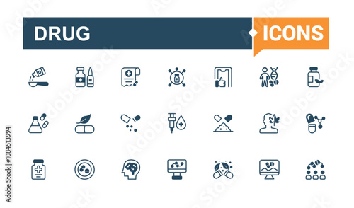 Drug icons in linear and solid style. Containing medication, spray, research, capsule, health, capsule, and more. Outline symbol collection. Outline and solid pictogram.