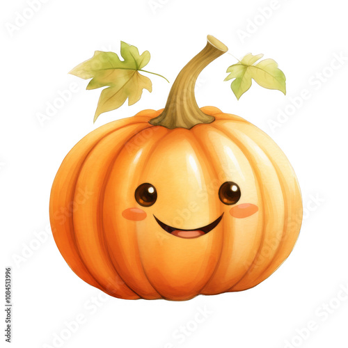 A cheerful cartoon pumpkin with a smiling face and leaves. photo