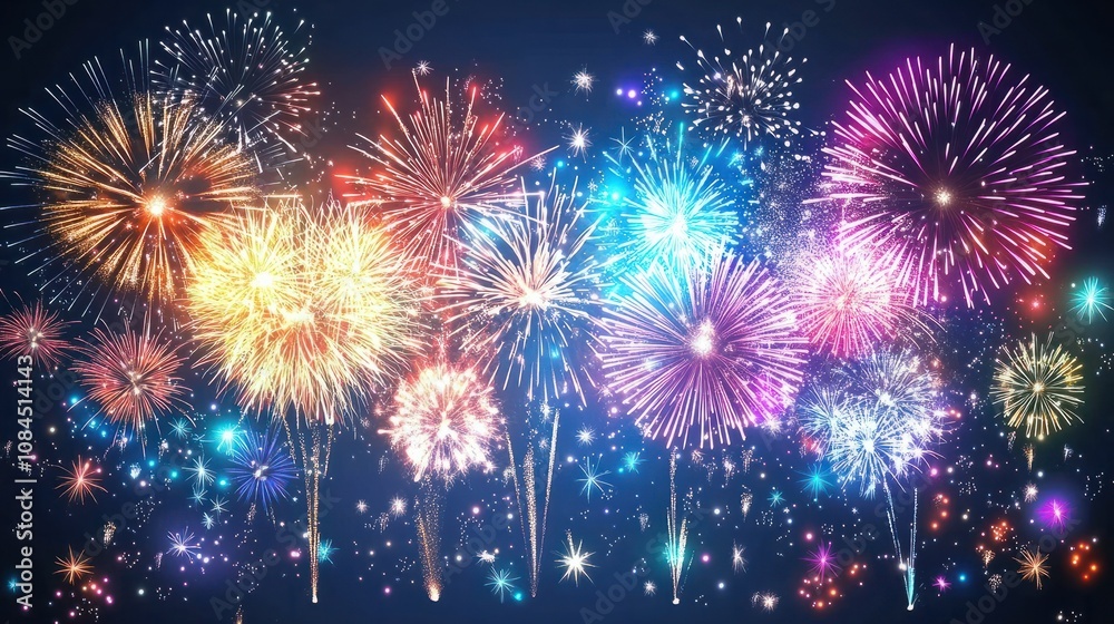Fototapeta premium Silvester new year 2025 fireworks background banner panorama long- Colorful firework on rustic dark blue night sky texture