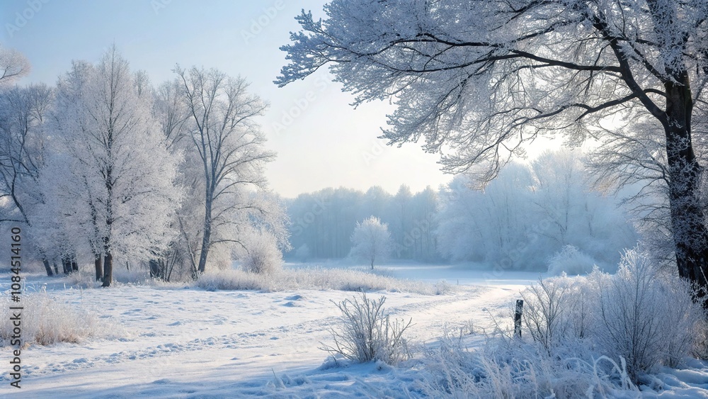 Obraz premium Frosty forest glade with snow-covered trees and sparkling ice crystals, frosty landscape, frozen, outdoors, frosty, snow