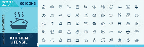 Kitchen Utensil icons in linear style. Related to cooking, mixer, utensils, utensil, plate, chef, glass, tool. Isolated icons design. Solid line editable stroke. Vector line and solid icons.