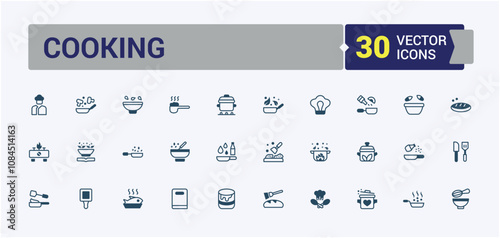 Cooking icons set in filled line style. Includes thin line tool, instruction, utensils, cook, utensil, prepare, mixer, frying. Minimalistic web and UI icons. Outline and solid pictogram.