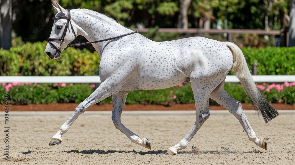 A stunning spotted horse performs a graceful trot in a well-maintained equestrian arena. The lush greenery in the background enhances the beauty of this picturesque moment A stunning spotted horse performs a graceful trot in a well-maintained equestrian arena. The lush greenery in the background enhances the beauty of this picturesque moment