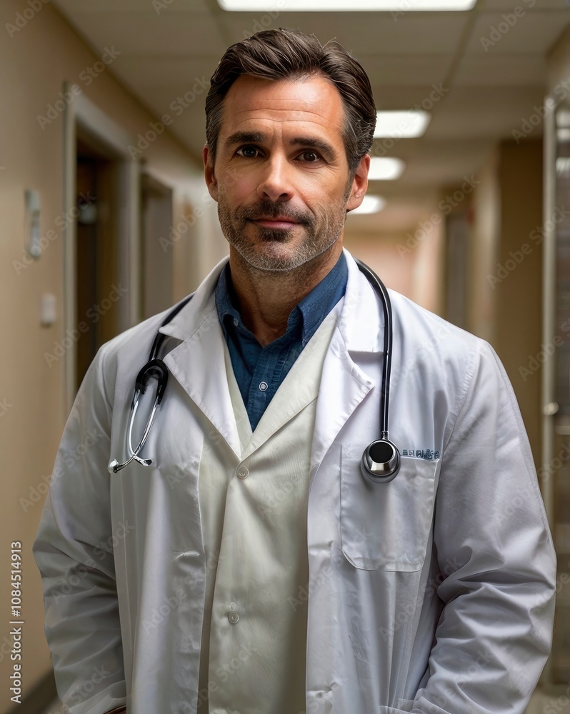 A handsome male surgical doctor in his mid-40s with a strong jawline, prominent nose, and piercing brown eyes, wearing a crisp white lab coat with a stethoscope draped around his neck, - generative ai A handsome male surgical doctor in his mid-40s with a strong jawline, prominent nose, and piercing brown eyes, wearing a crisp white lab coat with a stethoscope draped around his neck, - generative ai