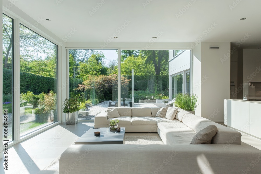 A spacious and bright living room features expansive windows that provide a view of a beautiful garden, creating a serene ambiance for relaxation. Generative AI A spacious and bright living room features expansive windows that provide a view of a beautiful garden, creating a serene ambiance for relaxation. Generative AI