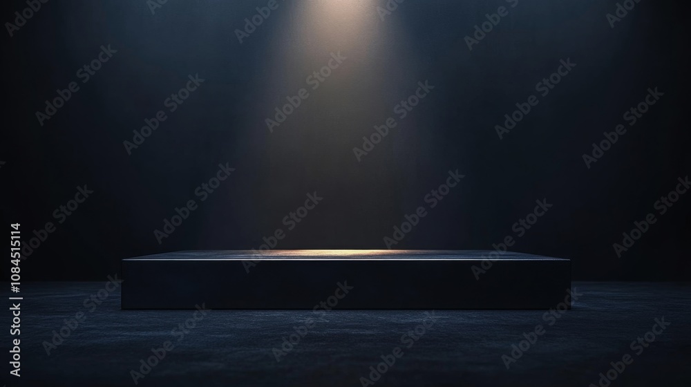 A sleek, minimalist podium illuminated by a single spotlight in a dark, moody room, ideal for product showcases or presentations A sleek, minimalist podium illuminated by a single spotlight in a dark, moody room, ideal for product showcases or presentations