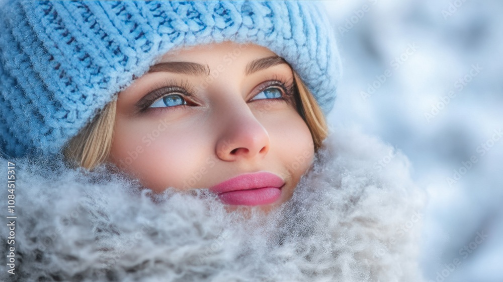 A young woman gazes upwards with a serene expression, her blue eyes shining against a backdrop of soft white snow. She is bundled in a fluffy scarf and a warm hat, embracing the winter