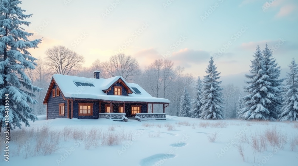 winter landscape with a house in the foreground, showcasing energy-efficient features like solar panels and insulated walls, emphasizing the importance of reducing heating bills during colder months winter landscape with a house in the foreground, showcasing energy-efficient features like solar panels and insulated walls, emphasizing the importance of reducing heating bills during colder months