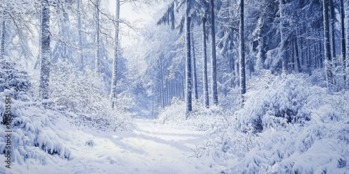 Amidst towering trees blanketed in glistening snow, a narrow path winds through a serene winter wonderland. Soft morning light filters through the branches, creating a peaceful atmosphere