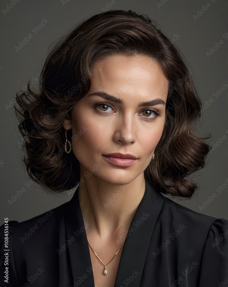 Create a realistic portrait of an elegant and wealthy woman in her early 40s with striking dark, wavy hair falling to her shoulders. She has a delicate and beautiful face - generative ai Create a realistic portrait of an elegant and wealthy woman in her early 40s with striking dark, wavy hair falling to her shoulders. She has a delicate and beautiful face - generative ai
