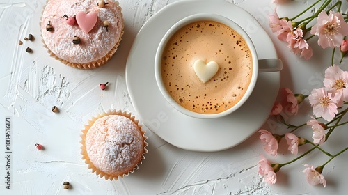 Romantic Cappuccino with Heart-Shaped Foam and Cupcakes Surrounded by Cherry Blossoms on White Textured Background photo