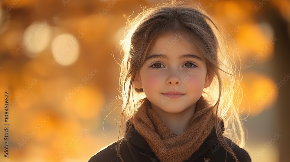 The girl stands in a park with her hair gently illuminated by sunlight, surrounded by vibrant autumn leaves in shades of orange and gold The girl stands in a park with her hair gently illuminated by sunlight, surrounded by vibrant autumn leaves in shades of orange and gold