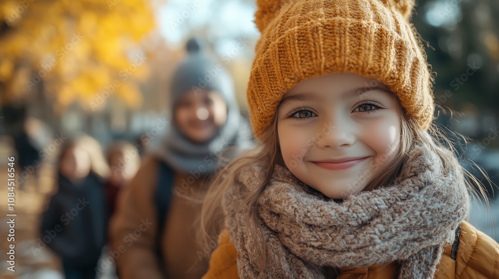 A cheerful young girl dressed in a warm orange hat and scarf beams at the camera in a park. Colorful autumn leaves surround her, and friends are visible in the background enjoying the day A cheerful young girl dressed in a warm orange hat and scarf beams at the camera in a park. Colorful autumn leaves surround her, and friends are visible in the background enjoying the day